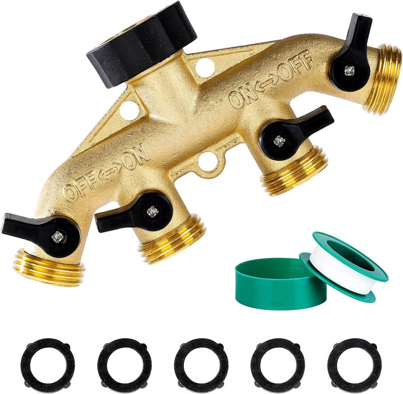 Dalmbox Garden Hose Splitter 4 Way, Water Hose Splitter, 3/4" Heavy-Duty Brass Garden Hose Splitter, Includes 5 Rubber Washers & Teflon Tape(1 pack) - Image 1